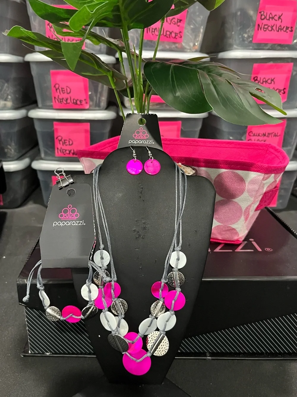 paparazzi Hot Pink and Silver Multi-Disc Layered Necklace Set
